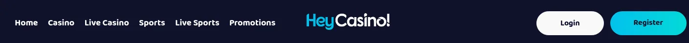 HeyCasino Kopfleiste mit den Schaltflächen für Anmeldung und Registrierung